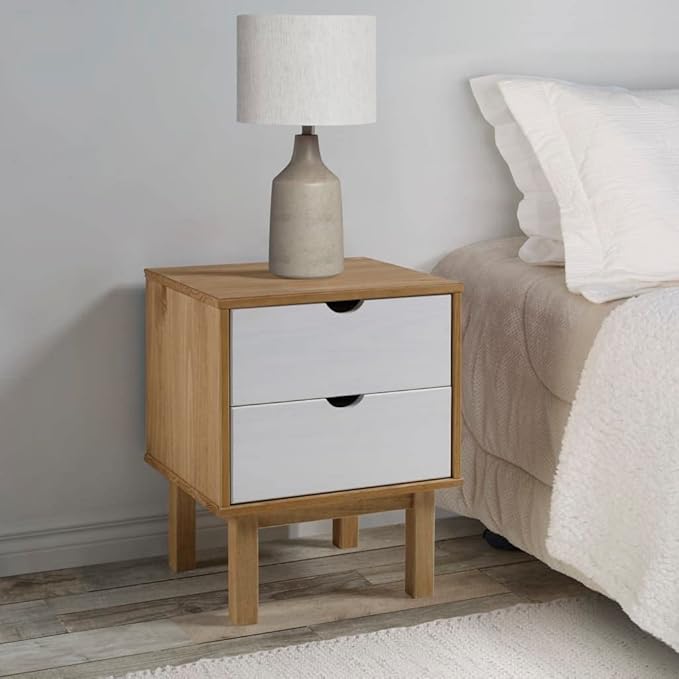 Scandinavian Style Bedside Cabinet in Brown and White, Solid Pine Wood and - Image 2