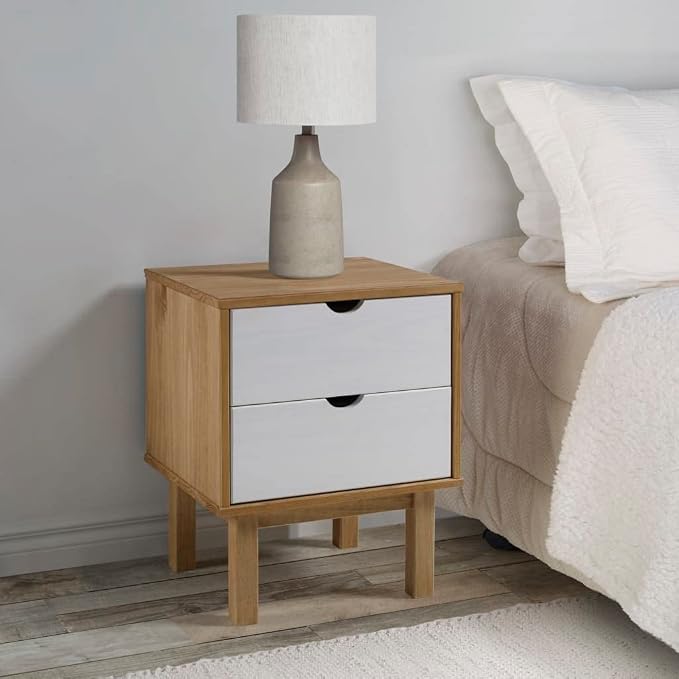 Scandinavian Nightstand Brown White Solid Pine Wood Side Table 15.4x17.7x22.4 - Image 2