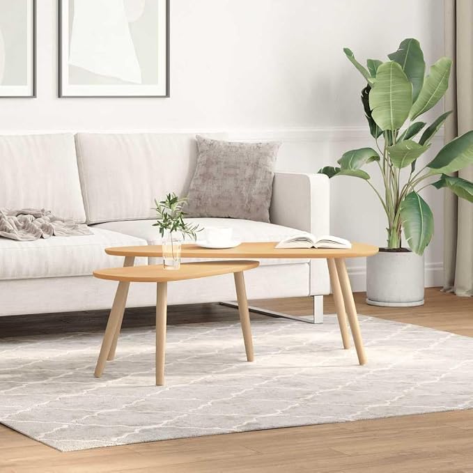 Coffee Table Set of 2 Brown Solid Pine Wood & MDF, Scandinavian Modern Design - Image 2