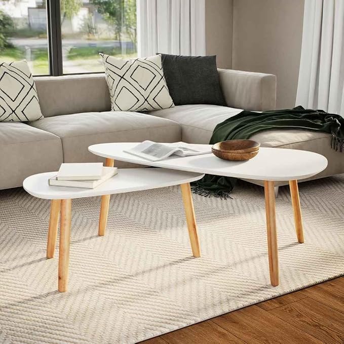 Scandinavian Oval Coffee Table Set of 2 White Solid Pine Wood Modern Minimalist - Image 2