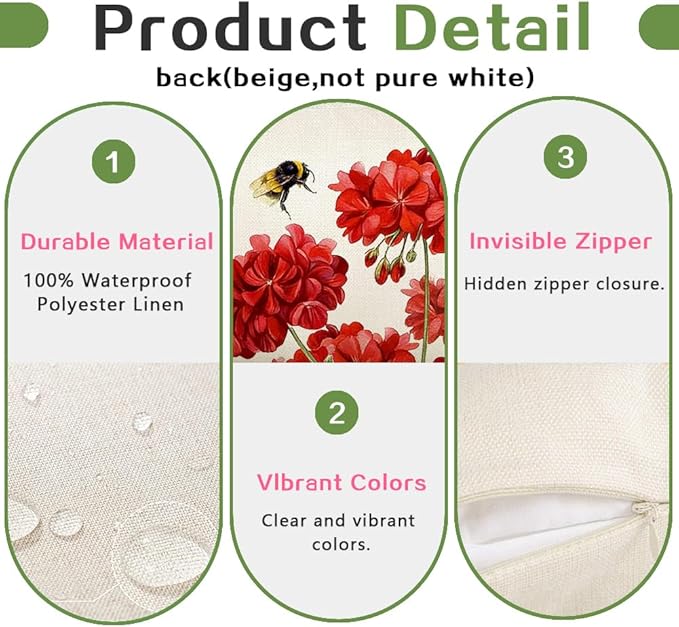 RABUSOFA Spring Summer Outdoor Geranium Pillow Cover 18x18 Waterproof - Image 4