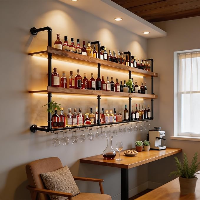 Wall Mounted Wine Rack with LED Lights, 3-Tier Industrial Wood Floating Shelves - Image 4