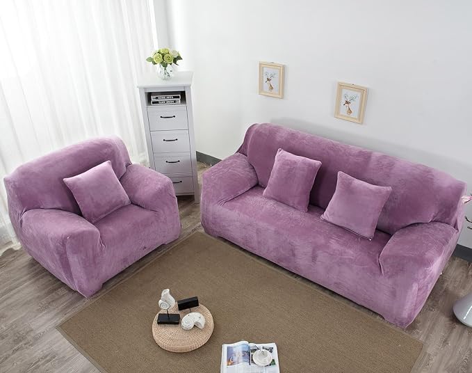 vctops 4 Seater Velvet Plush Stretch Sofa Slipcover 1-Piece Sofa Cover - Image 3