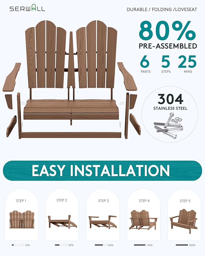 SERWALL Folding Adirondack Bench, HDPE All-Weather Adirondack Loveseat Set of 2 - Image 4