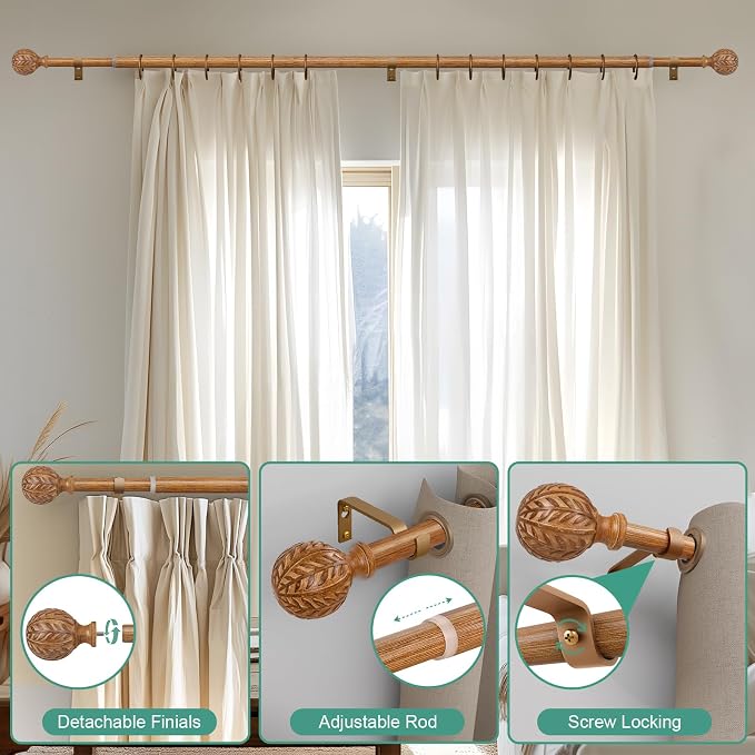 QDWIS Boho Wood Curtain Rods for Windows 72 to 144 inch, Rustic Decorative - Image 9