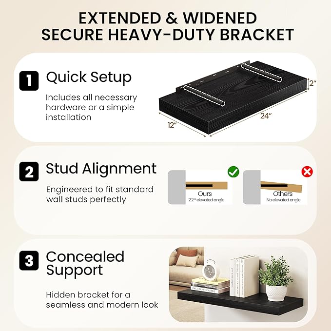 Black Floating Shelves 48Inch Long, 12 Inch Deep Floating Shelves - Image 6