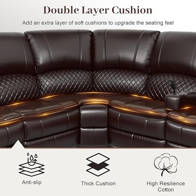 Yolsali Manual Reclining Sectional Sofa Set, 7 Seats Soft Leather Recliner - Image 4
