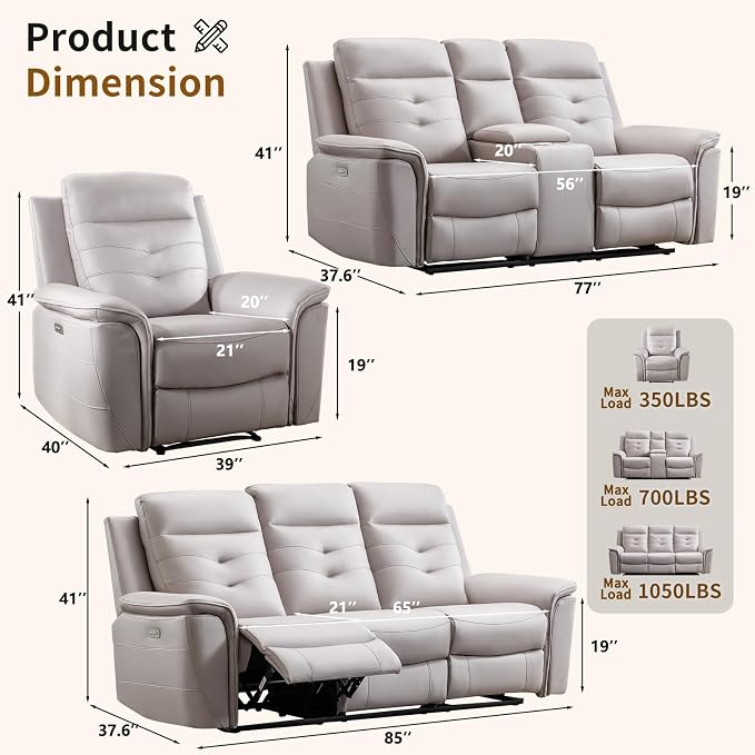 ANJ Power Oversized Reclining Sofa Couch Set of 2, Breathable Faux Leather - Image 2