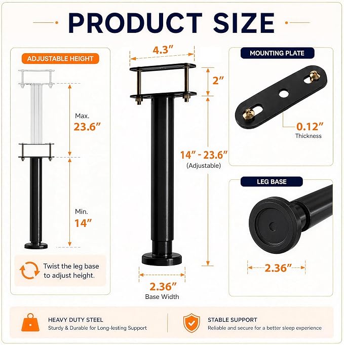 4Pcs Bed Frame Support Leg, Adjustable 14" to 23.6", Increase Under-Bed Storage - Image 2