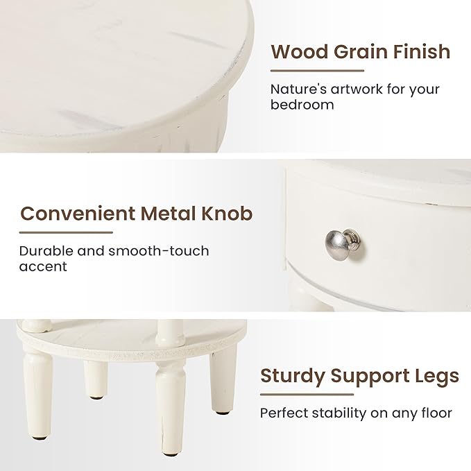 HOMPUS Round End Table with Drawer, Tall end Table with Open Shelf, Farmhouse - Image 6