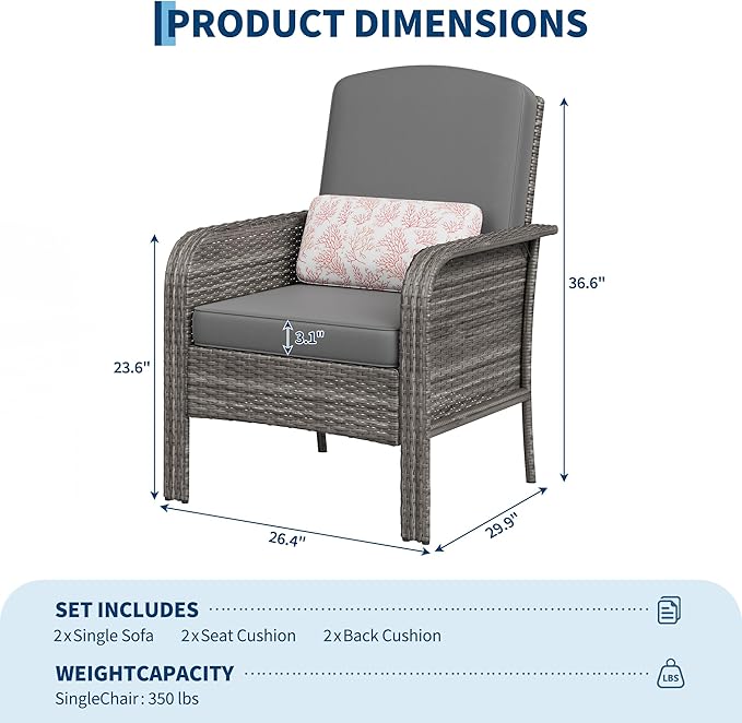 Garvee Outdoor Wicker Chairs, 2 Pieces Patio Furniture Set, All Weather High - Image 2