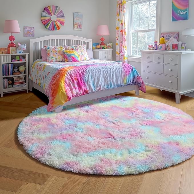 Amdrebio Rainbow Fluffy Round Rug 7Ft Kids Rugs - Image 2