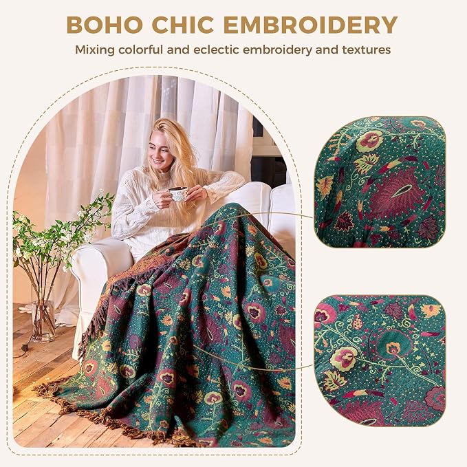 LUTBM Boho Throw Blanket for Bed 100% Cotton Soft Lightweight Quilt Home Decor - Image 3