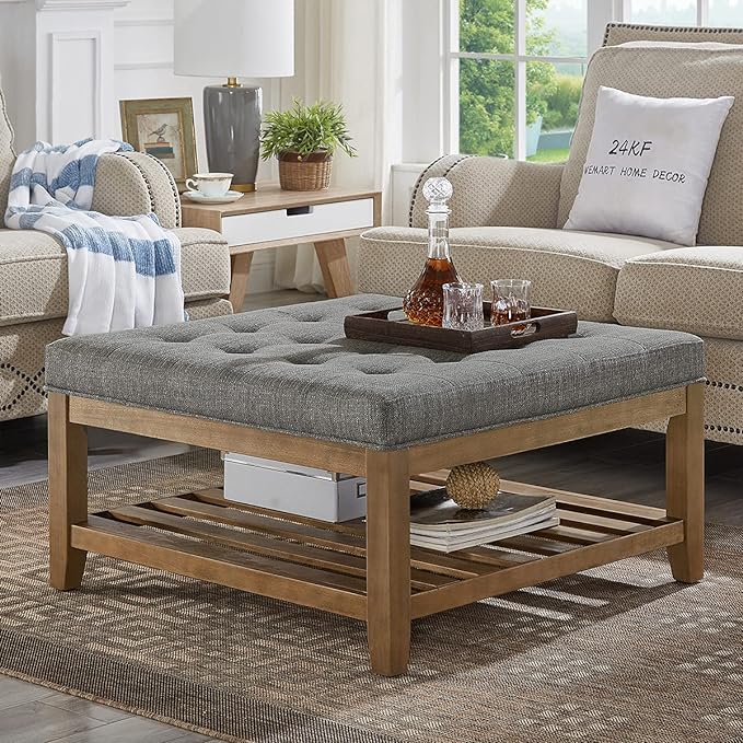 24KF Large Square Upholstered Tufted Linen Ottoman Coffee Table, Large Footrest by WEMARTHOMEDECOR