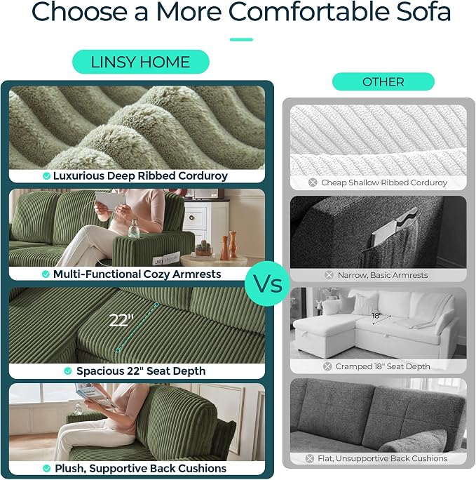 LINSY HOME Sectional Sofa with Pull Out Bed, 7 Seats Corduroy Reversible - Image 5