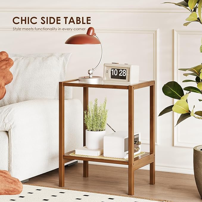 Bamworld Rattan Side Table Living Room Glasstop Night Stand Boho End Table - Image 6