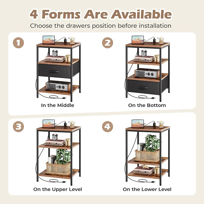 SUPERJARE Night Stand with Charger Station, 27.7 Inch Tall Nightstand with - Image 6