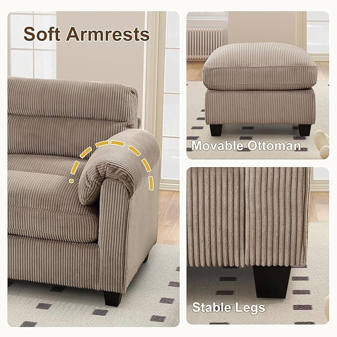 HAOMARKETS Corduroy Sofa Set, Upholstered Ottoman and 3-Seater Couch Set of 2 - Image 4