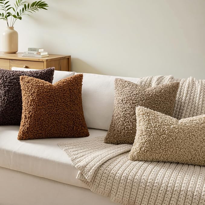 Faux Fur Throw Pillow Covers 20x12 Inch Set of 2 Boucle Neutral Decorative - Image 2