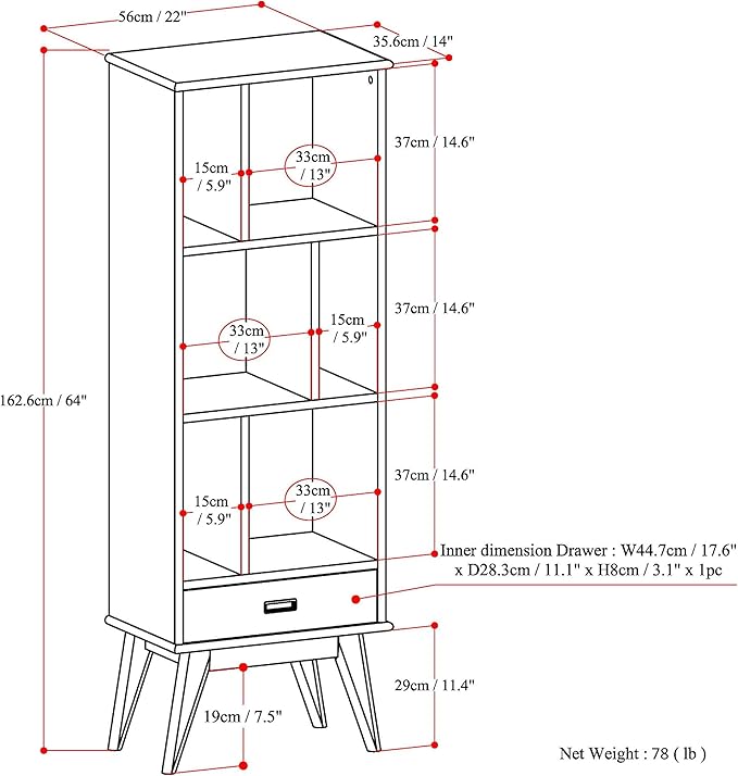 SIMPLIHOME Draper Solid Hardwood 64 inch x 22 inch Mid Century Modern Bookcase - Image 3