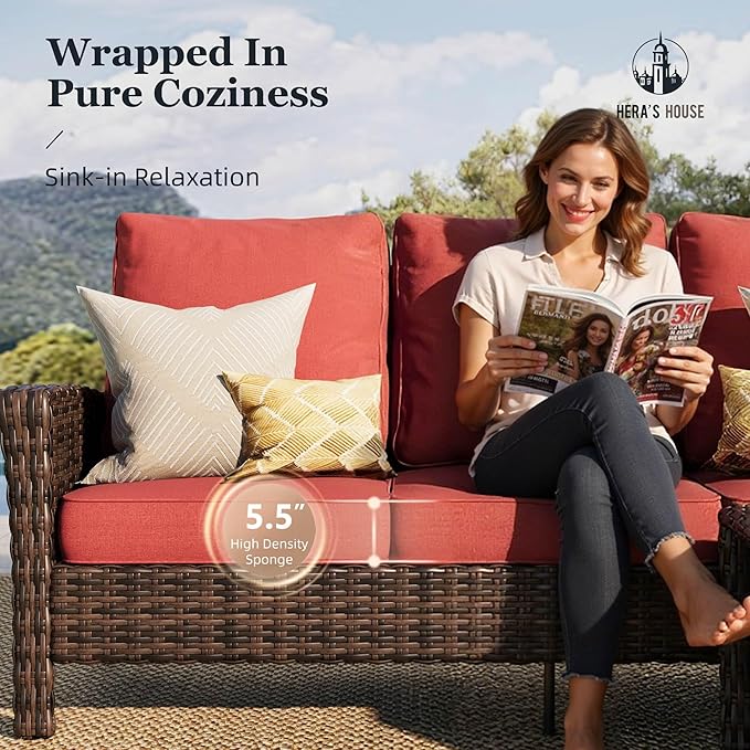 HERA'S HOUSE Red Patio Furniture Set, Oversized Outdoor Wicker Conversation Set - Image 2