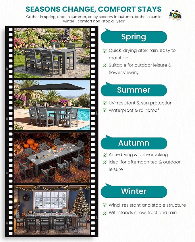 SERWALL HDPE Dining Set for 6: 1 Umbrella Hole Table, 4 Armless + 2 Armchairs. - Image 4