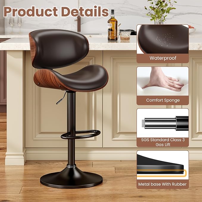 YaFiti Swivel Bar Stools for Kitchen Counter, Adjustable Bentwood Barstools - Image 4