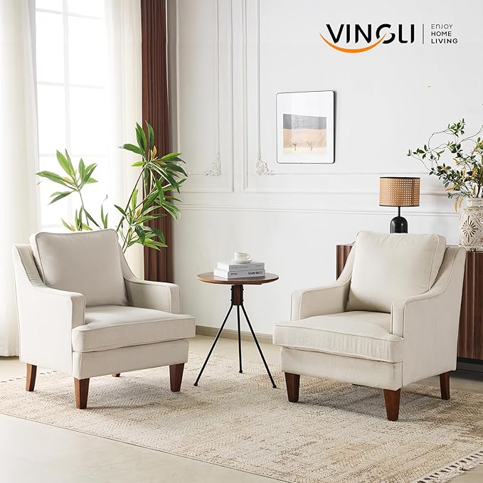 VINGLI Beige Accent Chairs Set of 2, Mid Century Modern Chairs, Upholstered - Image 2