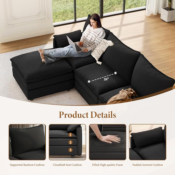 Vesgantti 108" U Shaped Sectional Couch, Comfy Cloud Modular Sectional Sofa - Image 3