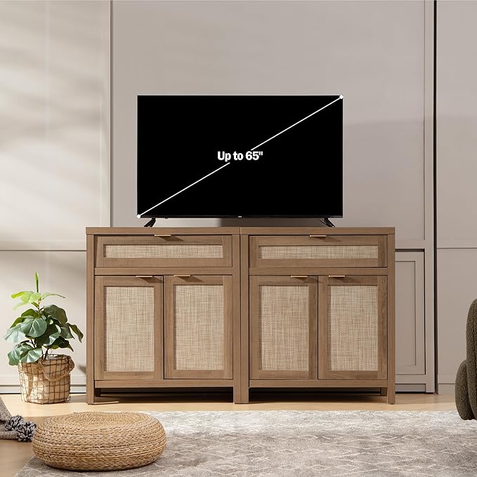 SICOTAS Sideboard Buffet Cabinet Set of 2, Rattan Credenza Storage Cabinet - Image 2