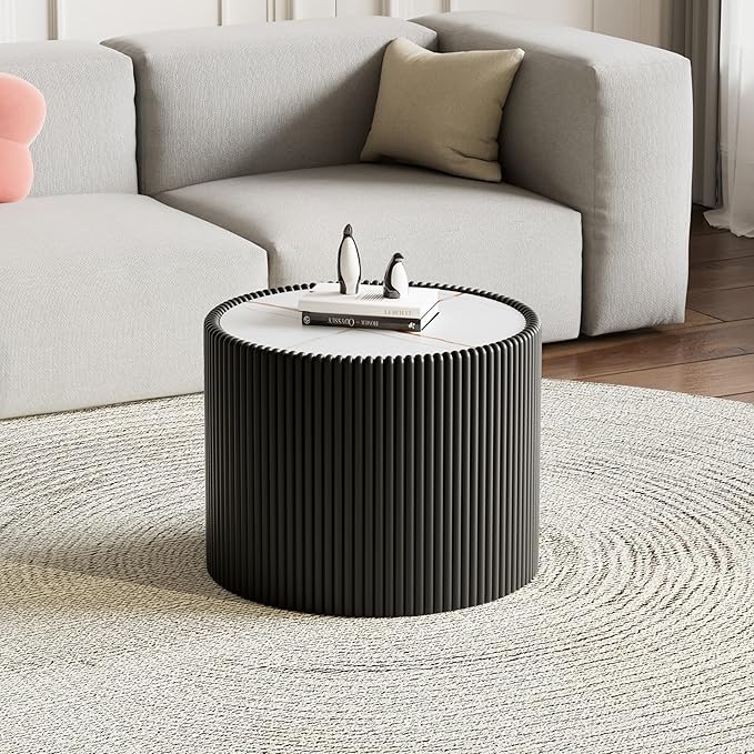SSLine Round Drum Coffee Table Modern Sintered Stone Top Side End Table in - Image 4
