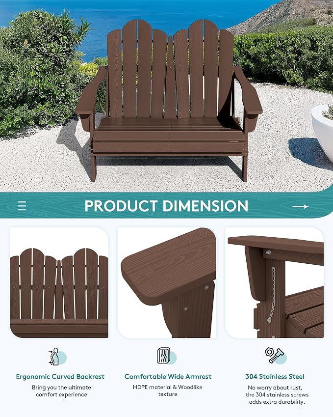 SERWALL Folding Adirondack Bench, HDPE All-Weather Adirondack Loveseat - Image 7