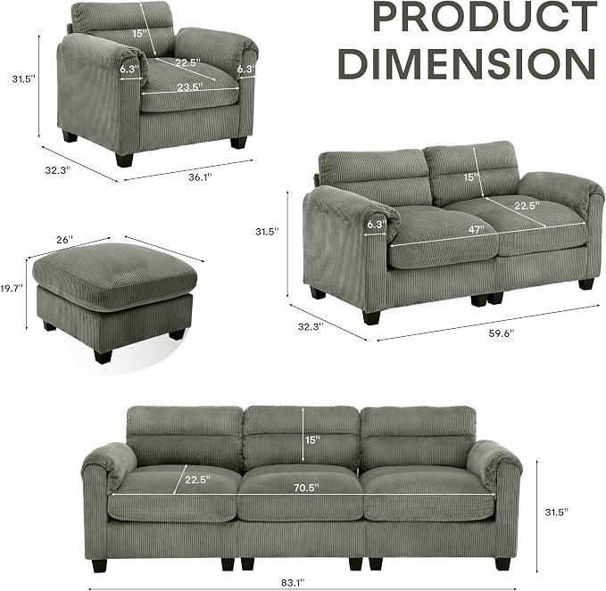 HAOMARKETS Corduroy Sofa Set, Upholstered Armchair and Loveseat - Image 2