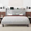 Feonase Queen Bed Frame with Charging Station, Linen Upholstered Platform by FEONASE